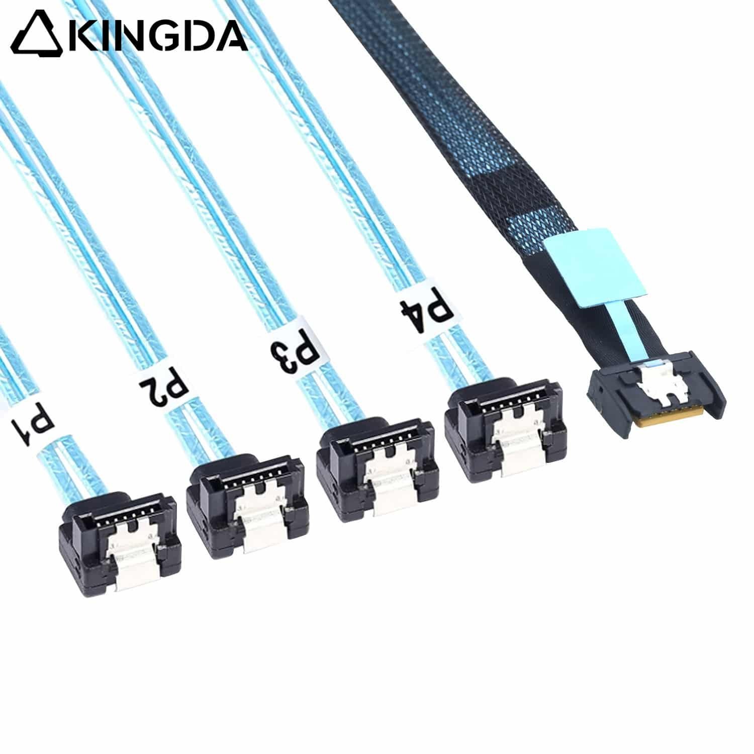 MCIO-8654-4i-ro-4-right-anglle-sata-7p-cable.jpg Slim SAS SFF 8654 MCIO 4I (38P) to 4 right angle 90 degree SATA 7P PCIE5.0 Data Connection Cable - Image 1