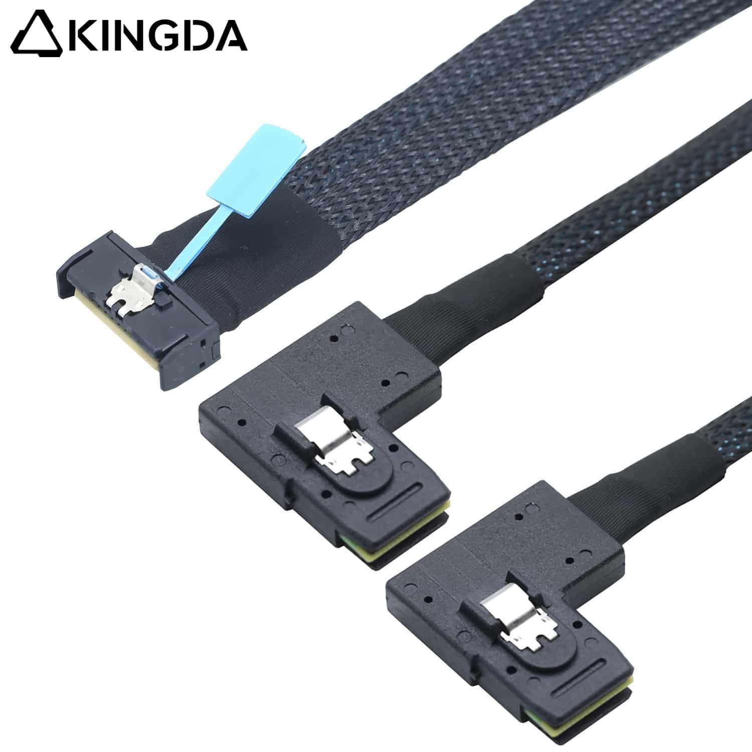 MCIO-8654-8I-TO-2-port-right-angle-sff-8087.jpg Slim SAS SFF 8654 MCIO 8I (74P) to dual 2X left turn left bend SFF-8087 PCIE5.0 Data Connection Cable - Image 1