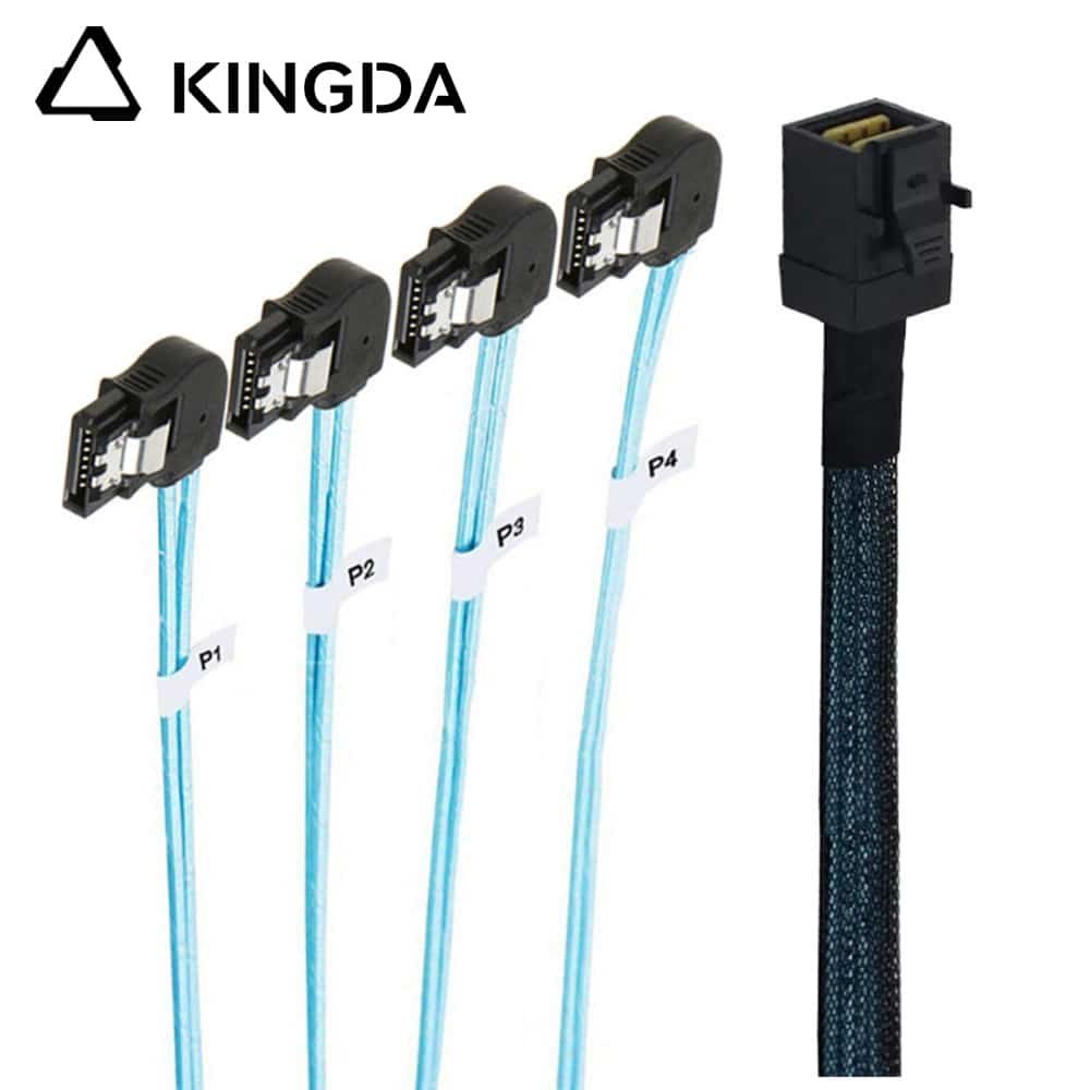 SAS-3.0-sff-8643-to-4-port-left-bend-sata-7P.jpg Mini SAS HD SFF-8643 to 4X left turn left bend SATA 7P High Speed Server Internal Connection cable - Image 1